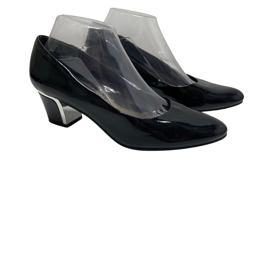 Soft Style Hush Puppies Black Patent Low Block Heel Pumps Silver 8.5M Office